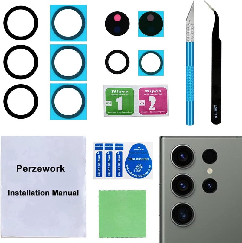 Perzework مجموعة عدسات كاميرا خلفية زجاجية بديلة 2 قطعة لجهاز سامسونج جالاكسي S23 ألترا مع لاصق مثبت مسبقًا وأدوات إصلاح - Image 1